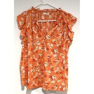 Melloday Floral Short Sleeve Blouse Womens Orange Ruffle Sleeve Top Size M